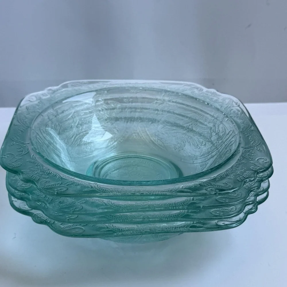 Vintage Depression Glass Recollection Madrid Teal Cereal Salad Bowl Set of‎ 4